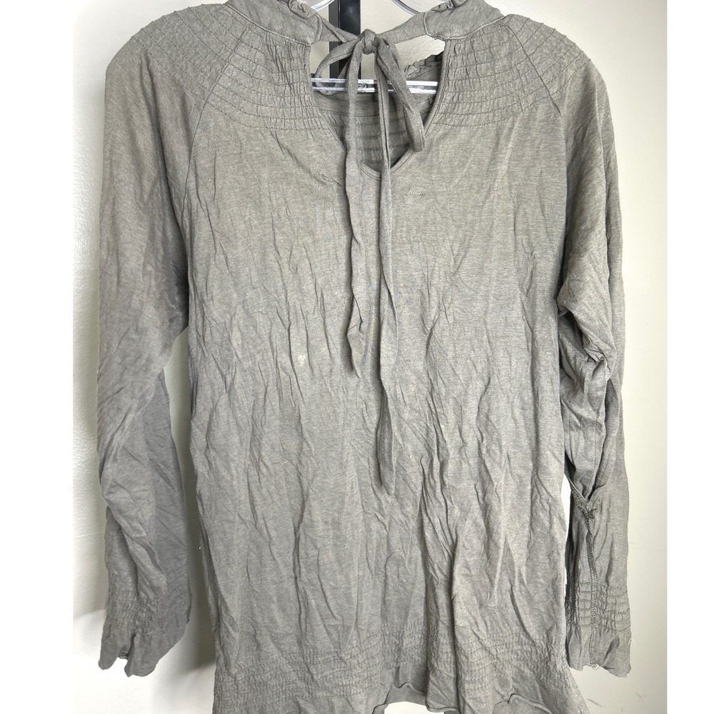 Desigual SMALL Gray Long Sleeve Smocked graphic Neckline Ruffled Hem floral Top‎ - Picture 4 of 4